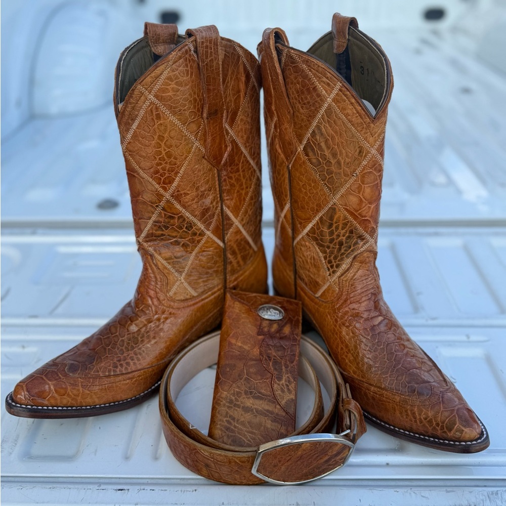 Rustic Leather Western Boots and Belt Set
